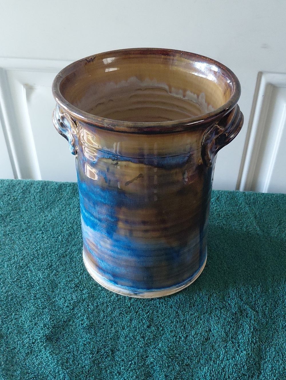 Glazed Ceramic Blue and Brown Decorative Vase - Signed On Bottom